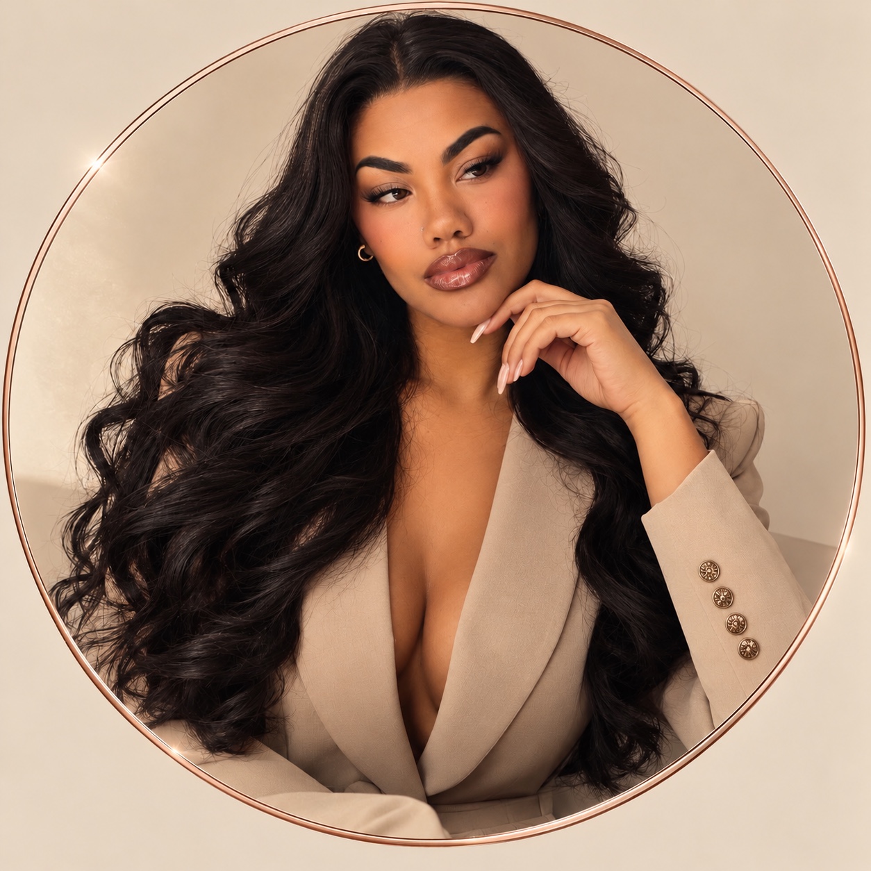 Portrait of the designer in a beige tailored blazer, framed in rose gold