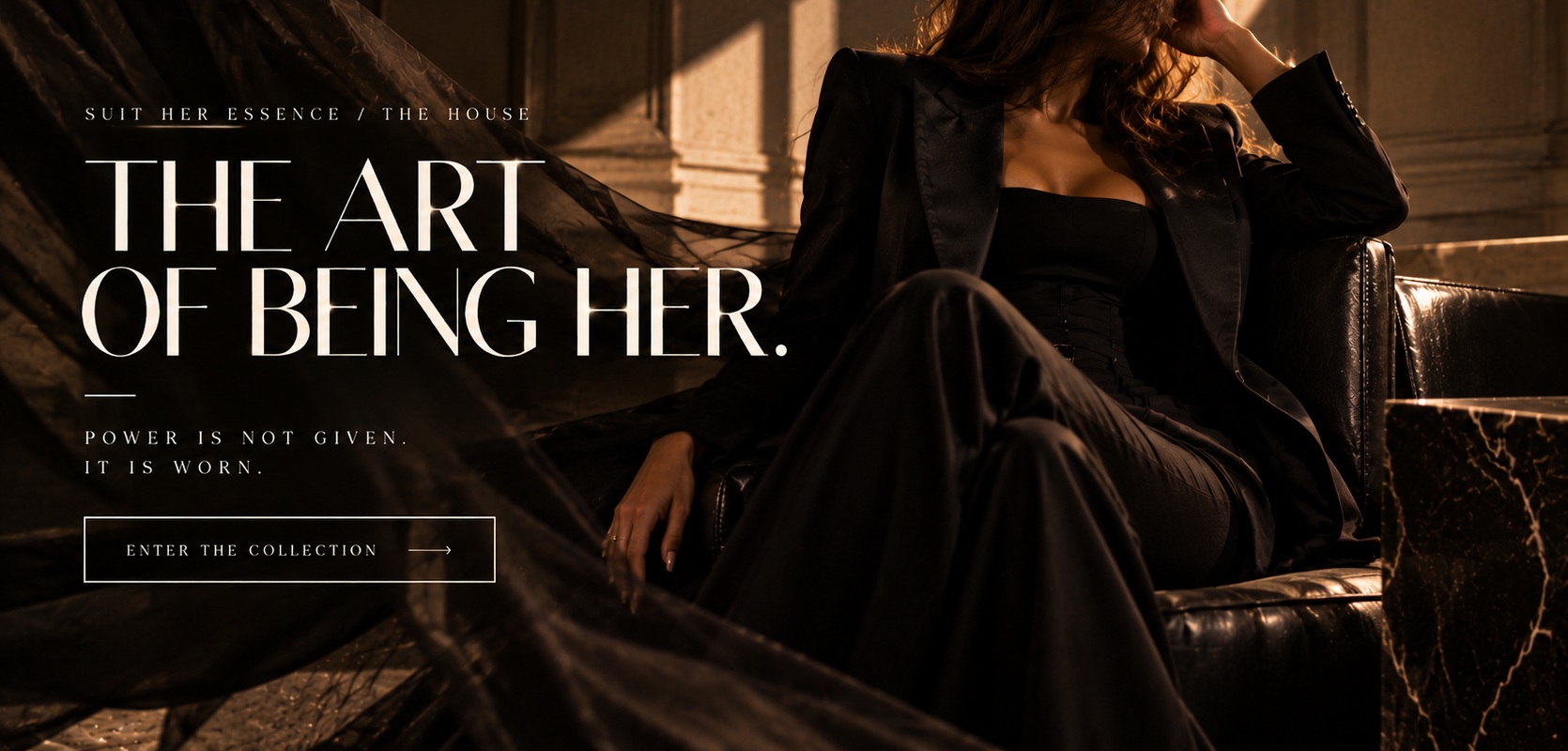 SHE luxury editorial: a woman in black tailoring, turned away in dramatic golden light, The Art of Being Her