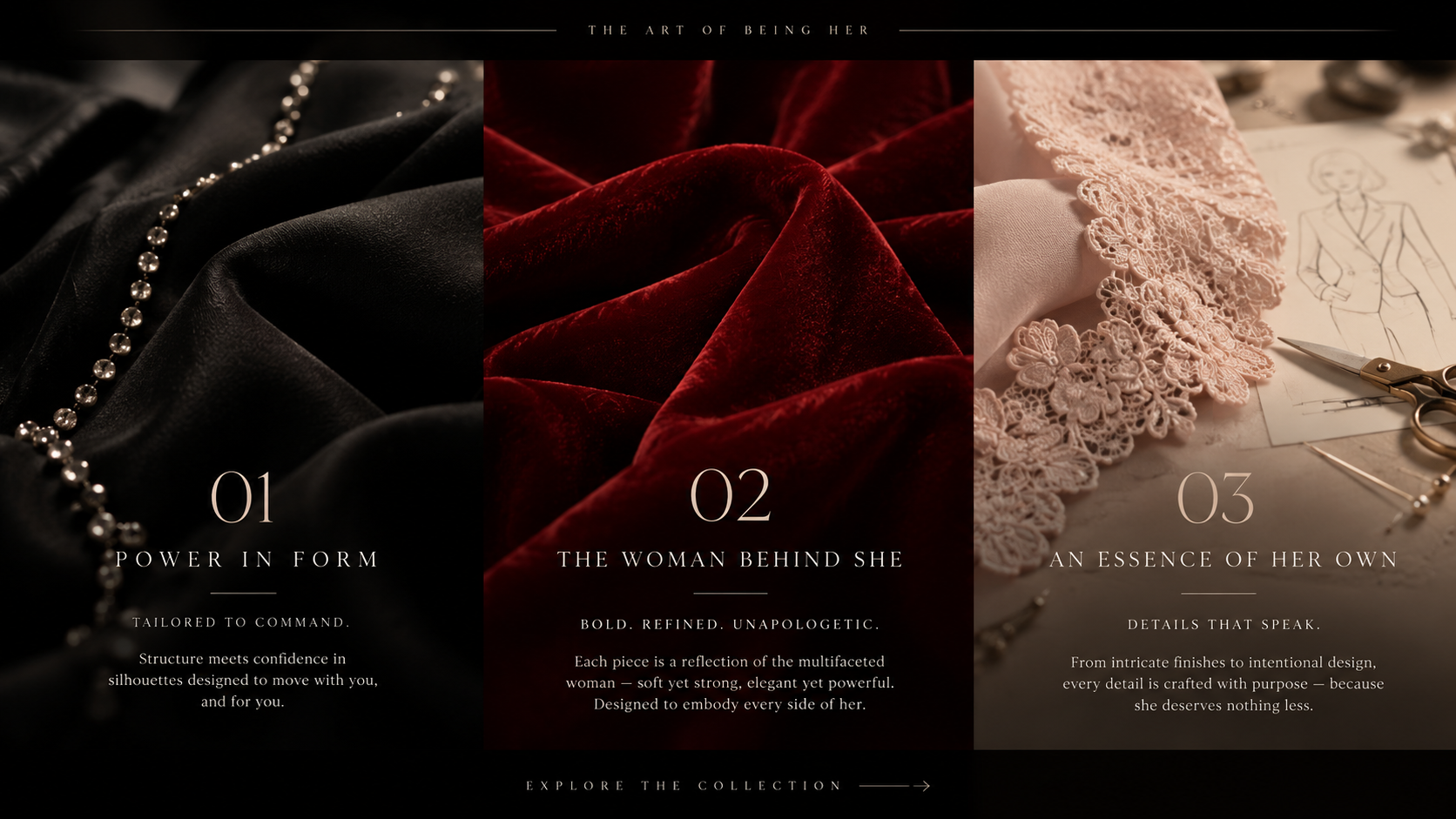 Three luxury fabric stories: black crystal embellished tailoring, deep burgundy velvet, and blush lace with atelier sketches. The art of being her.